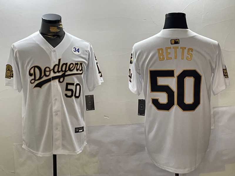 Mens Los Angeles Dodgers #50 Mookie Betts White Gold 2024 World Series With Fernando Memorial Patch Limited Stitched Jersey
